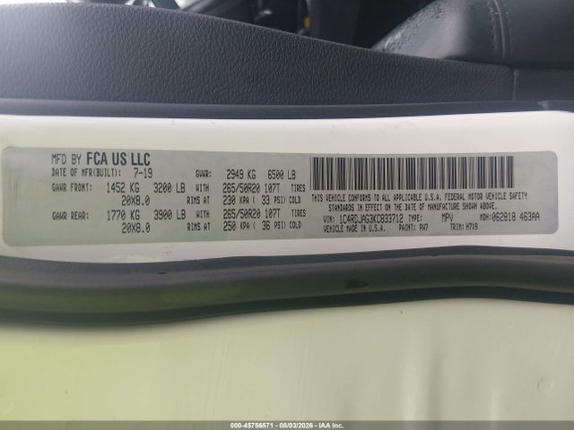 45756571 :رقم المزاد ، 1C4RDJAG3KC833712 vin ، 2019 Dodge Durango Sxt Awd مزاد بيع