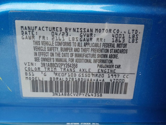 2023 Nissan Sentra Sv Xtronic Cvt მანქანა იყიდება აუქციონზე, vin: 3N1AB8CV2PY264358, აუქციონის ნომერი: 45756590