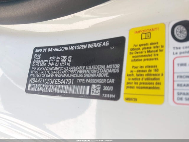 45756592 :رقم المزاد ، WBA4Z1C53KEE44791 vin ، 2019 Bmw 430i مزاد بيع