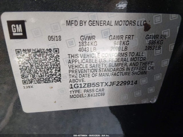 Auction sale of the 2018 Chevrolet Malibu 1ls, vin: 1G1ZB5STXJF229914, lot number: 45756604