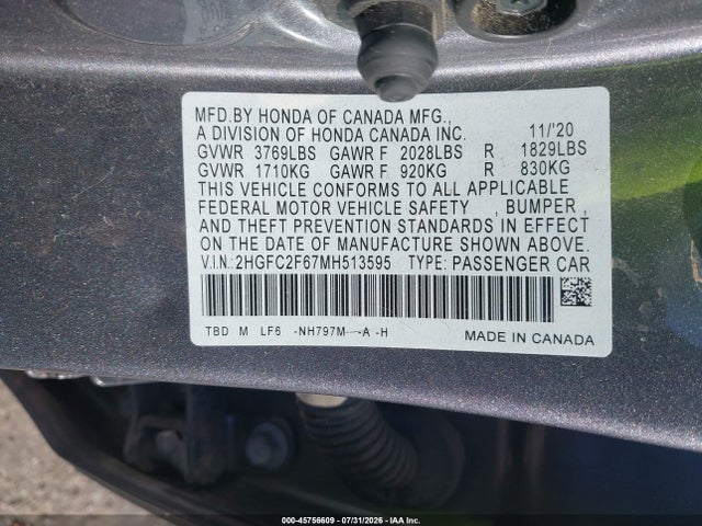 Aukcja sprzedaży 2021 Honda Civic Lx, vin: 2HGFC2F67MH513595, numer aukcji: 45756609
