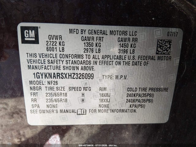 Продаж на аукціоні авто 2017 Cadillac Xt5 Standard, vin: 1GYKNARSXHZ326099, номер лоту: 45756638