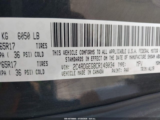 2012 Dodge Grand Caravan R/t მანქანა იყიდება აუქციონზე, vin: 2C4RDGEG8CR149034, აუქციონის ნომერი: 45756665