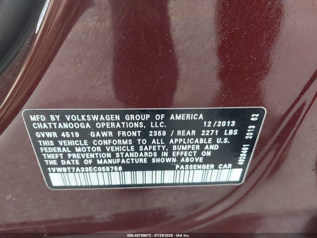 2014 Volkswagen Passat 1.8t Se მანქანა იყიდება აუქციონზე, vin: 1VWBT7A33EC055756, აუქციონის ნომერი: 45756672