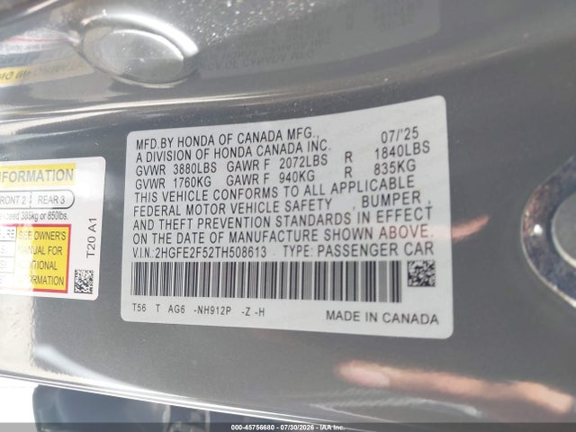 Honda Civic Sport 2026 2HGFE2F52TH508613 Image 9
