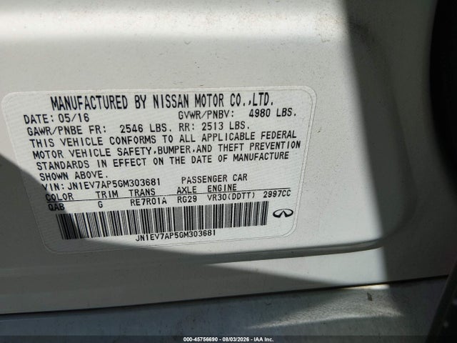 45756690 :رقم المزاد ، JN1EV7AP5GM303681 vin ، 2016 Infiniti Q50 3.0t Premium مزاد بيع