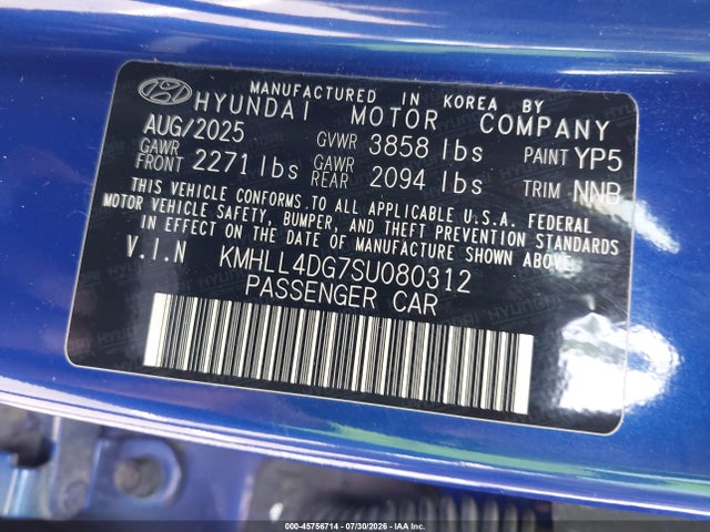 45756714 :رقم المزاد ، KMHLL4DG7SU080312 vin ، 2025 Hyundai Elantra Se مزاد بيع