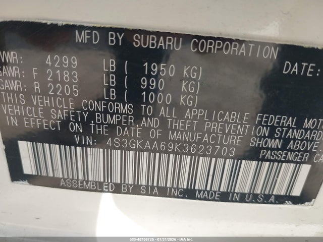 Aukcja sprzedaży 2019 Subaru Impreza 2.0i, vin: 4S3GKAA69K3623703, numer aukcji: 45756725