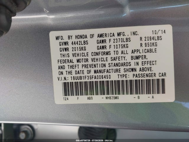 45756729 :رقم المزاد ، 19UUB1F35FA006450 vin ، 2015 Acura Tlx مزاد بيع