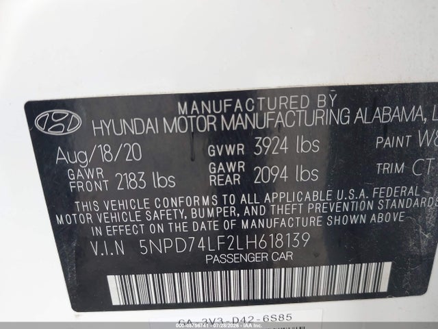 45756741 :رقم المزاد ، 5NPD74LF2LH618139 vin ، 2020 Hyundai Elantra Se مزاد بيع