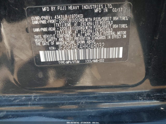 Aukcja sprzedaży 2017 Subaru Crosstrek 2.0i Premium, vin: JF2GPABC4HH248032, numer aukcji: 45756742