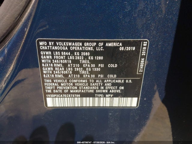 1V2DP2CA7KC573796 Volkswagen Atlas 2.0t Se