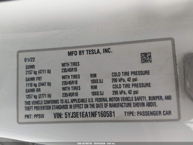Tesla Model 3 Rear-wheel Drive 2022 5YJ3E1EA1NF160581 Image 9