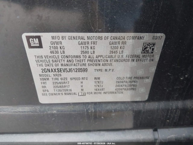 Продаж на аукціоні авто 2018 Chevrolet Equinox Lt, vin: 2GNAXSEV5J6120599, номер лоту: 45756752