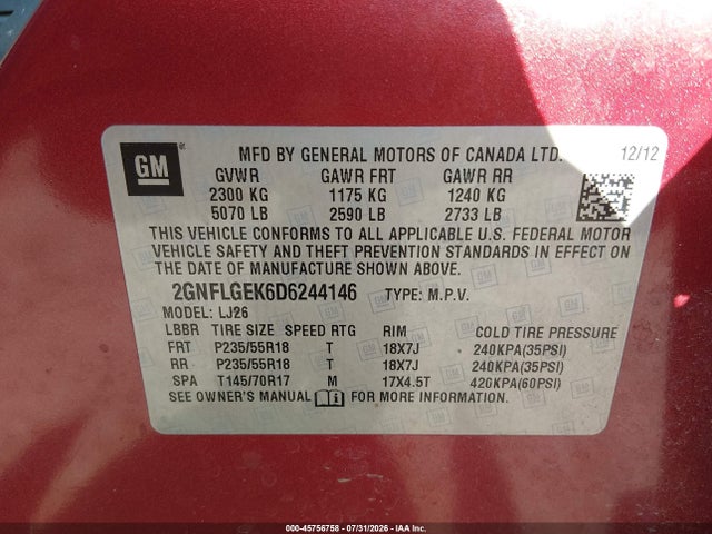 Продажа на аукционе авто 2013 Chevrolet Equinox Ltz, vin: 2GNFLGEK6D6244146, номер лота: 45756758