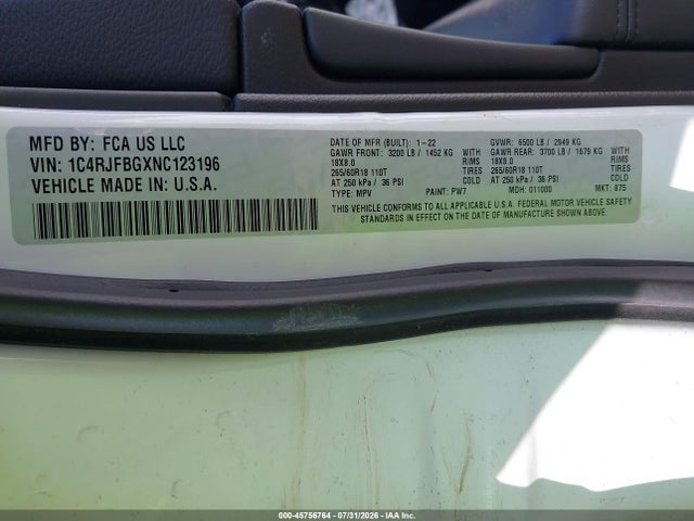 Aukcja sprzedaży 2022 Jeep Grand Cherokee Wk Limited 4x4, vin: 1C4RJFBGXNC123196, numer aukcji: 45756764