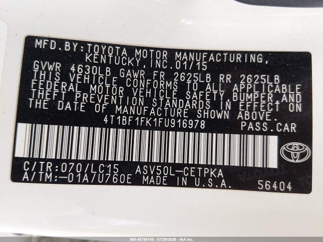 Toyota CAMRY XSE 2015 4T1BF1FK1FU916978 Image 9