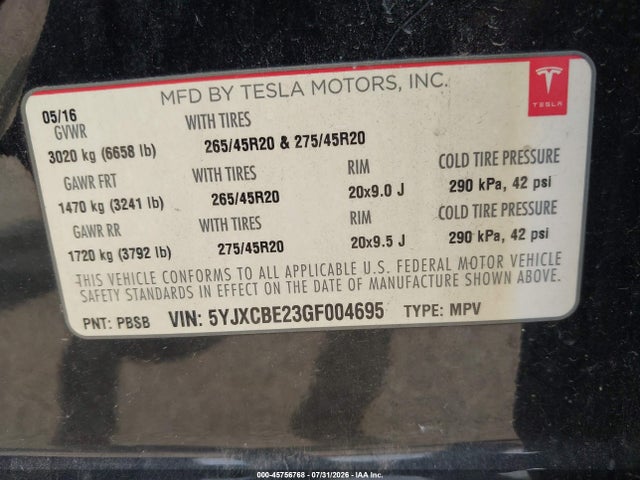 Aukcja sprzedaży 2016 Tesla Model X, vin: 5YJXCBE23GF004695, numer aukcji: 45756768
