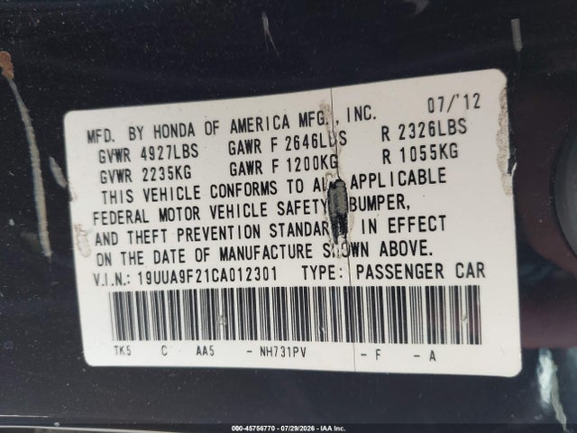 45756770 :رقم المزاد ، 19UUA9F21CA012301 vin ، 2012 Acura Tl 3.7 مزاد بيع