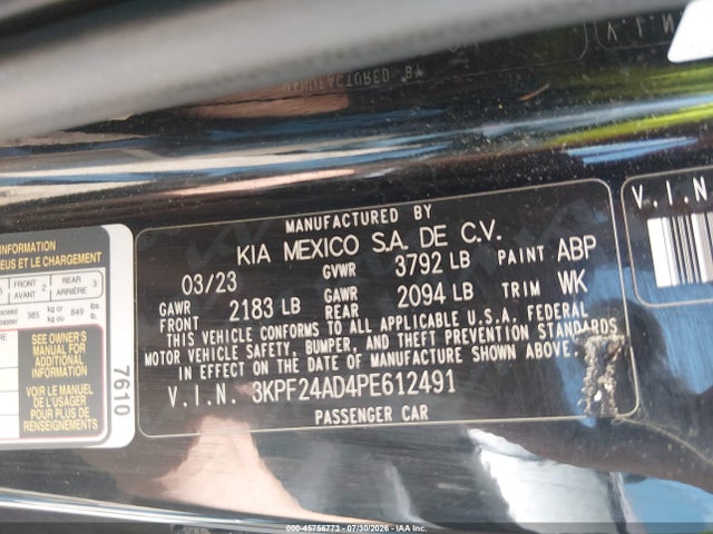 2023 Kia Forte Lxs მანქანა იყიდება აუქციონზე, vin: 3KPF24AD4PE612491, აუქციონის ნომერი: 45756773