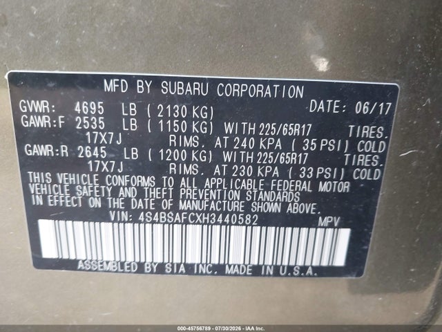 45756789 :رقم المزاد ، 4S4BSAFCXH3440582 vin ، 2017 Subaru Outback 2.5i Premium مزاد بيع