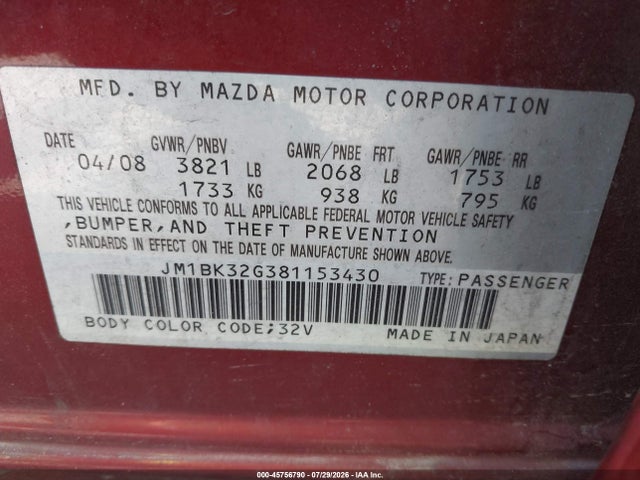 45756790 :رقم المزاد ، JM1BK32G381153430 vin ، 2008 Mazda Mazda3 I Touring Value مزاد بيع