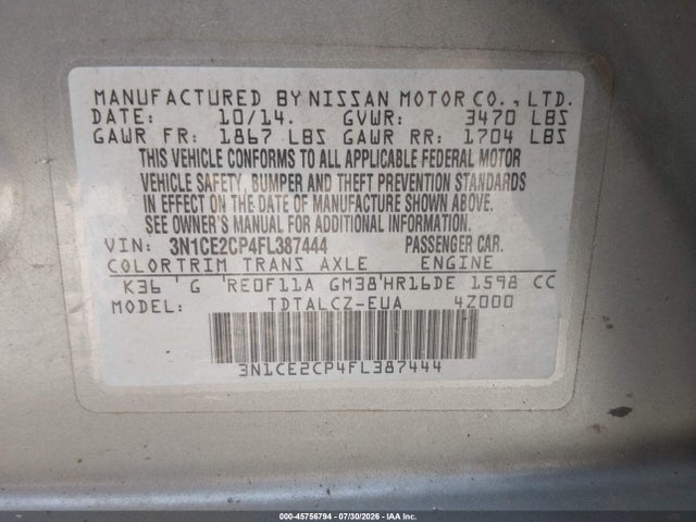 3N1CE2CP4FL387444 Nissan Versa Note S Plus