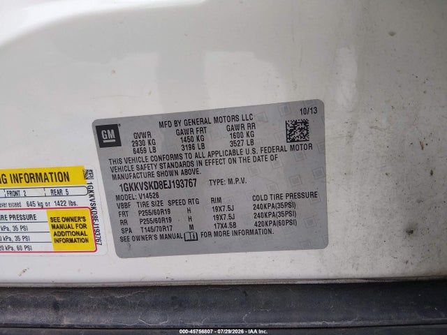 45756807 :رقم المزاد ، 1GKKVSKD8EJ193767 vin ، 2014 Gmc Acadia Slt-2 مزاد بيع