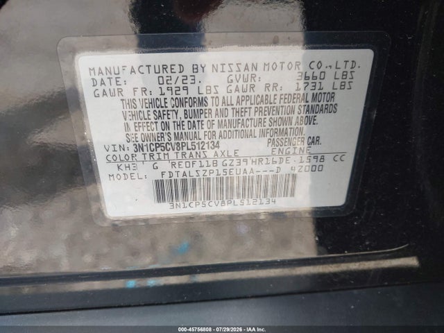 2023 Nissan Kicks Sv Xtronic Cvt მანქანა იყიდება აუქციონზე, vin: 3N1CP5CV8PL512134, აუქციონის ნომერი: 45756808