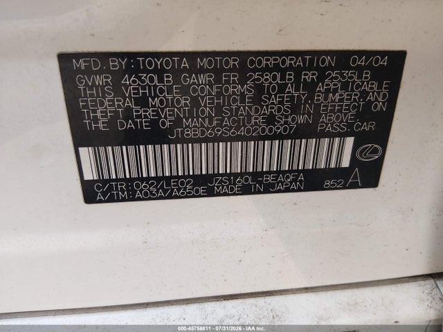 45756811 :رقم المزاد ، JT8BD69S640200907 vin ، 2004 Lexus Gs 300 مزاد بيع
