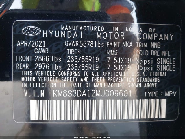 Aukcja sprzedaży 2021 Hyundai Santa Fe Hybrid Sel Premium, vin: KM8S3DA12MU009601, numer aukcji: 45756844