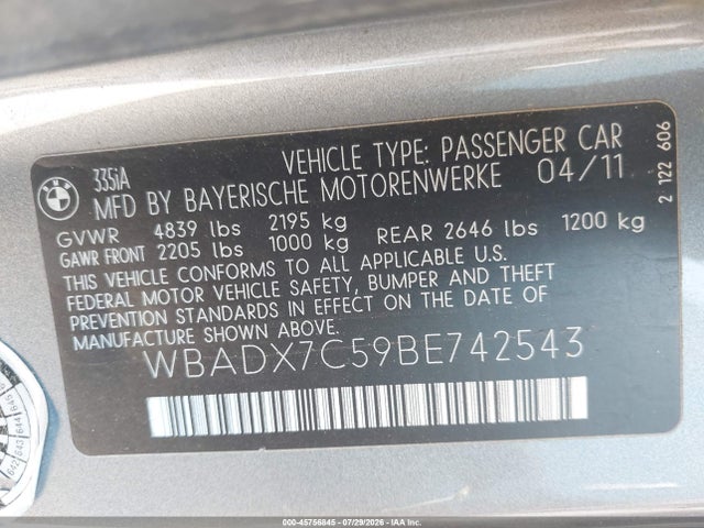 2011 Bmw 335i მანქანა იყიდება აუქციონზე, vin: WBADX7C59BE742543, აუქციონის ნომერი: 45756845