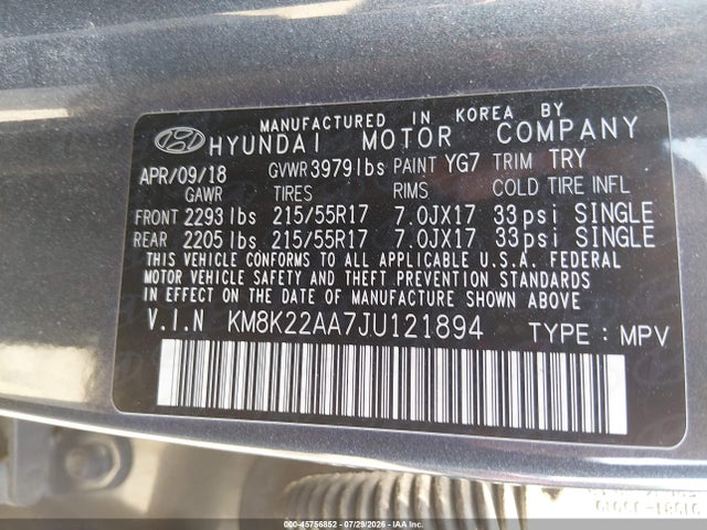 Aukcja sprzedaży 2018 Hyundai Kona Sel, vin: KM8K22AA7JU121894, numer aukcji: 45756852