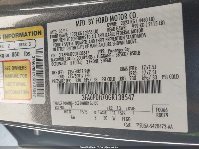 Ford FUSION SE 2016 3FA6P0H70GR138547 Image 9