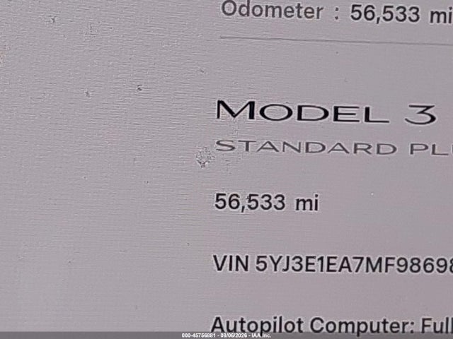 2021 Tesla Model 3 Standard Range Plus Rear-wheel Drive მანქანა იყიდება აუქციონზე, vin: 5YJ3E1EA7MF986981, აუქციონის ნომერი: 45756881