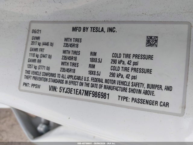 2021 Tesla Model 3 Standard Range Plus Rear-wheel Drive მანქანა იყიდება აუქციონზე, vin: 5YJ3E1EA7MF986981, აუქციონის ნომერი: 45756881