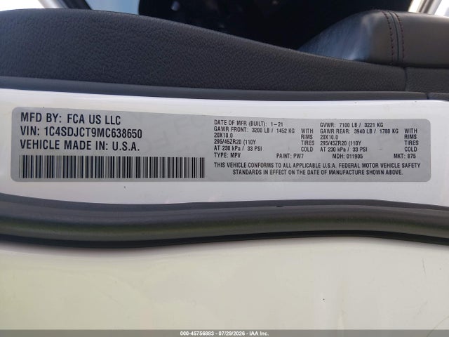 2021 Dodge Durango R/t Awd მანქანა იყიდება აუქციონზე, vin: 1C4SDJCT9MC638650, აუქციონის ნომერი: 45756883
