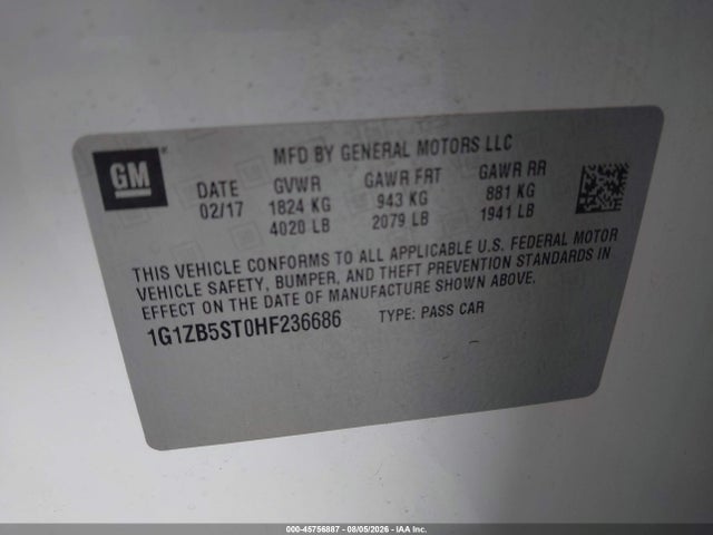 Aukcja sprzedaży 2017 Chevrolet Malibu Ls, vin: 1G1ZB5ST0HF236686, numer aukcji: 45756887