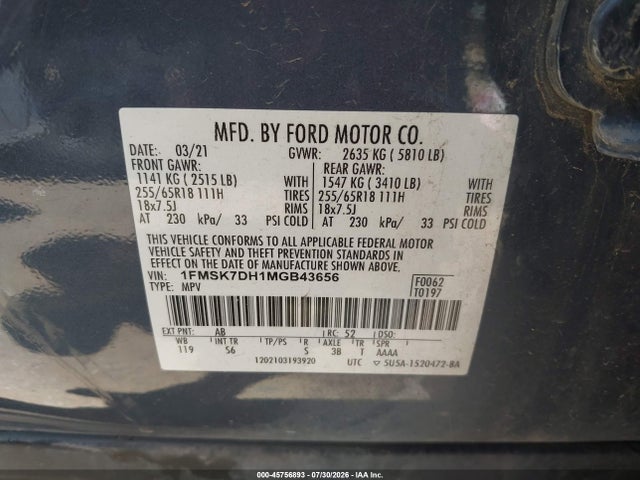 Aukcja sprzedaży 2021 Ford Explorer Xlt, vin: 1FMSK7DH1MGB43656, numer aukcji: 45756893