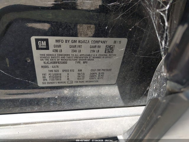 2015 Buick Encore მანქანა იყიდება აუქციონზე, vin: KL4CJASB9FB268650, აუქციონის ნომერი: 45756897