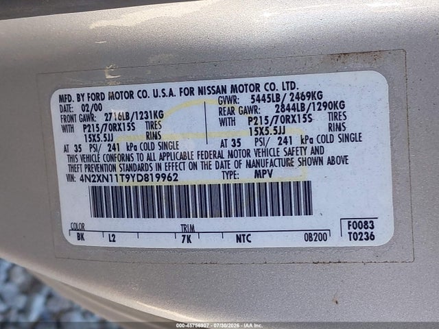 Aukcja sprzedaży 2000 Nissan Quest Gle/gxe/se-cloth/se-leather, vin: 4N2XN11T9YD819962, numer aukcji: 45756907
