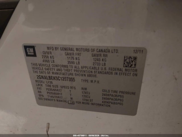 Продаж на аукціоні авто 2012 Chevrolet Equinox Ls, vin: 2GNALBEK5C1207355, номер лоту: 45756911