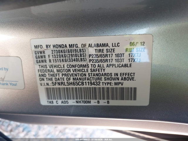 45756913 :رقم المزاد ، 5FNRL5H65CB119432 vin ، 2012 Honda Odyssey Ex-l مزاد بيع