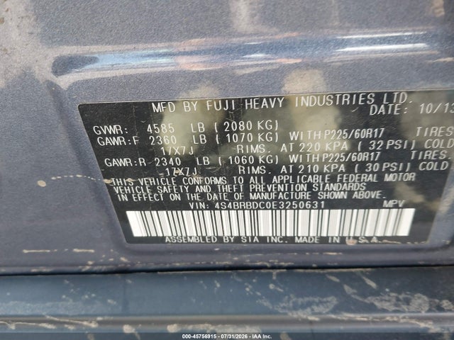 Aukcja sprzedaży 2014 Subaru Outback 2.5i Premium, vin: 4S4BRBDC0E3250631, numer aukcji: 45756915