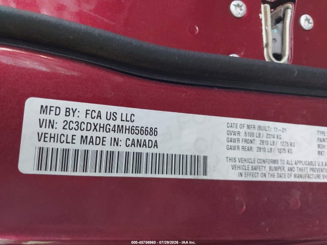 Продаж на аукціоні авто 2021 Dodge Charger Gt Rwd, vin: 2C3CDXHG4MH656686, номер лоту: 45756960