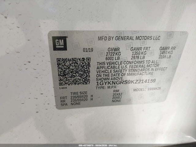 45756970 :رقم المزاد ، 1GYKNGRS9KZ214159 vin ، 2019 Cadillac Xt5 Platinum مزاد بيع