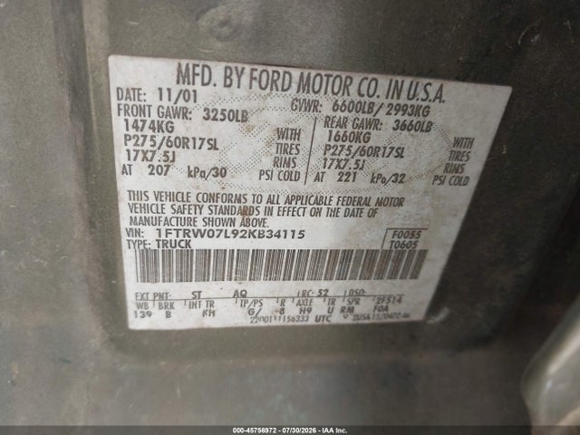 Продажа на аукционе авто 2002 Ford F-150 Lariat/xlt, vin: 1FTRW07L92KB34115, номер лота: 45756972