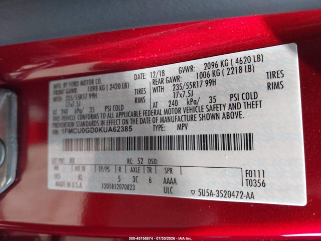 Auction sale of the 2019 Ford Escape Se, vin: 1FMCU0GD0KUA62385, lot number: 45756974