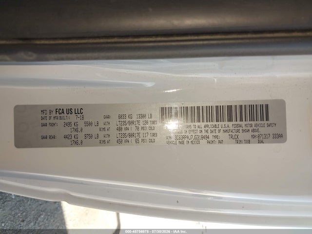 45756978 :رقم المزاد ، 3C63RPAJ7JG318494 vin ، 2018 Ram 3500 Tradesman  4x2 8' Box مزاد بيع