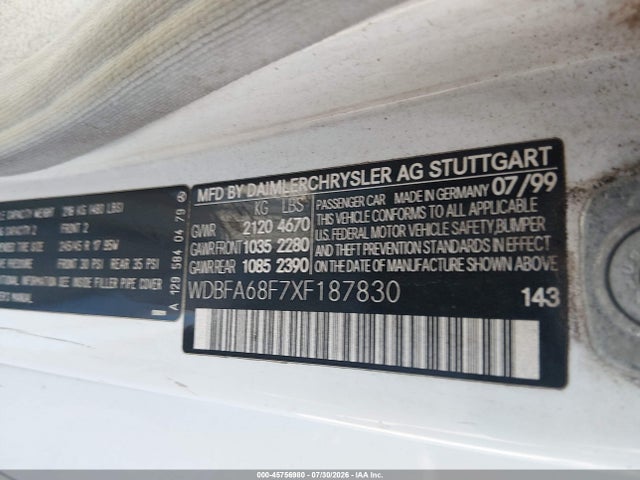 Aukcja sprzedaży 1999 Mercedes-benz Sl 500, vin: WDBFA68F7XF187830, numer aukcji: 45756980